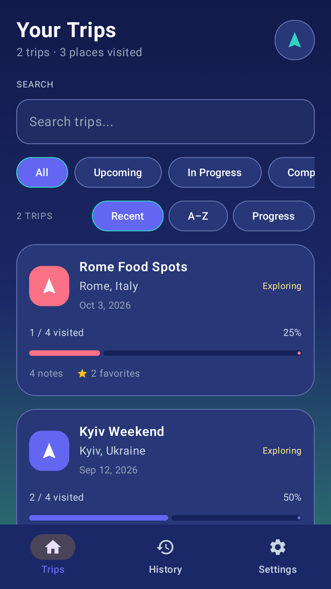 Travel Plan Pro trips screen